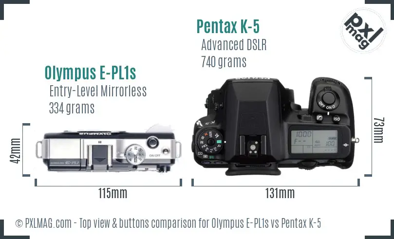 Olympus E-PL1s vs Pentax K-5 top view buttons comparison