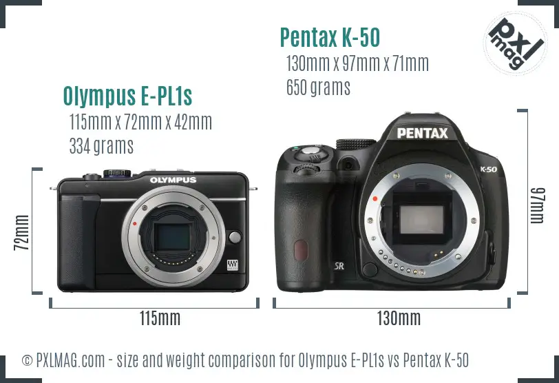 Olympus E-PL1s vs Pentax K-50 size comparison