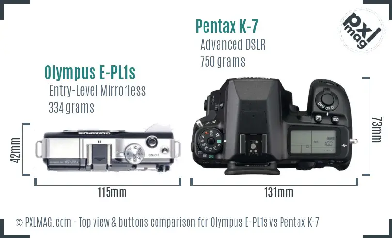 Olympus E-PL1s vs Pentax K-7 top view buttons comparison