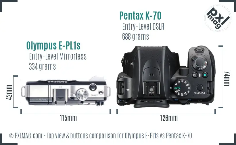 Olympus E-PL1s vs Pentax K-70 top view buttons comparison