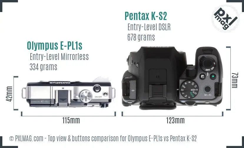 Olympus E-PL1s vs Pentax K-S2 top view buttons comparison