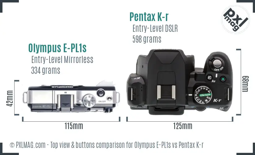 Olympus E-PL1s vs Pentax K-r top view buttons comparison