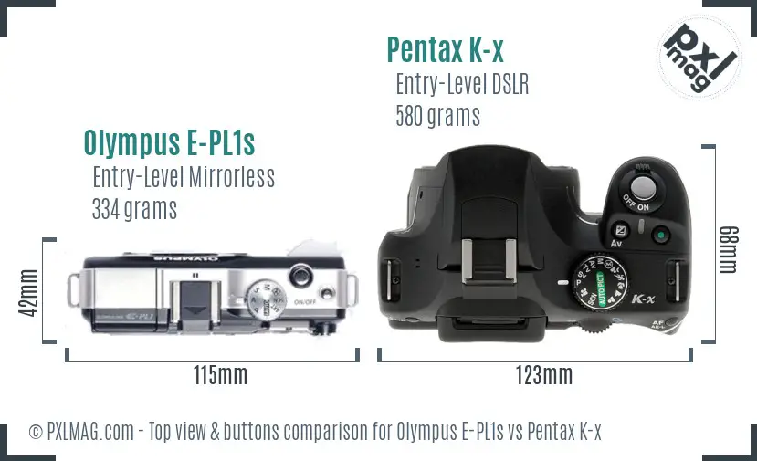 Olympus E-PL1s vs Pentax K-x top view buttons comparison