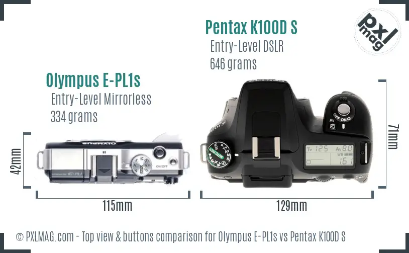 Olympus E-PL1s vs Pentax K100D S top view buttons comparison