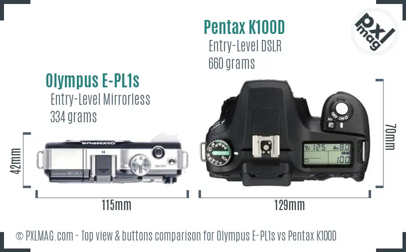 Olympus E-PL1s vs Pentax K100D top view buttons comparison