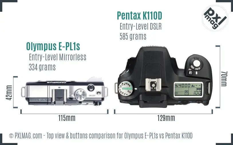 Olympus E-PL1s vs Pentax K110D top view buttons comparison