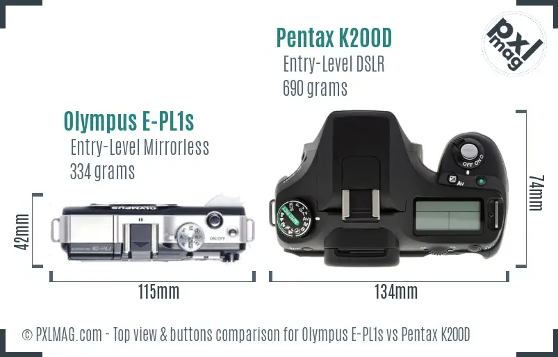 Olympus E-PL1s vs Pentax K200D top view buttons comparison