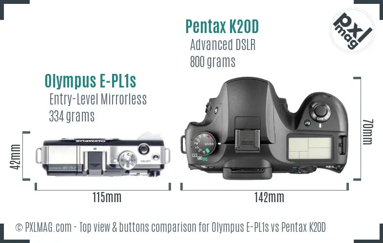 Olympus E-PL1s vs Pentax K20D top view buttons comparison