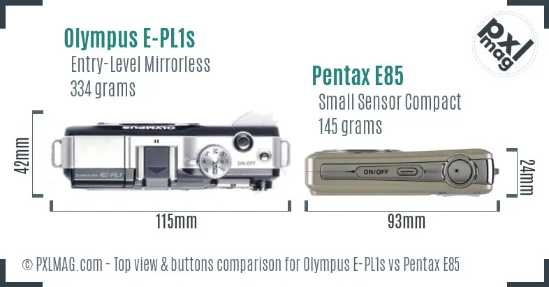 Olympus E-PL1s vs Pentax E85 top view buttons comparison