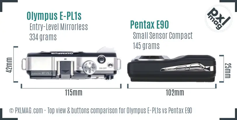 Olympus E-PL1s vs Pentax E90 top view buttons comparison