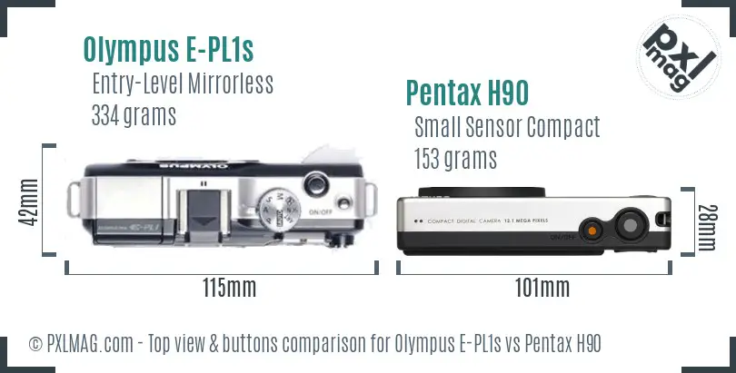 Olympus E-PL1s vs Pentax H90 top view buttons comparison