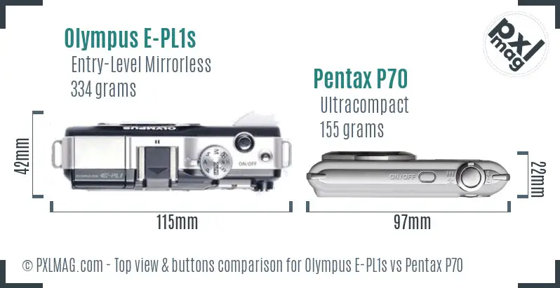 Olympus E-PL1s vs Pentax P70 top view buttons comparison