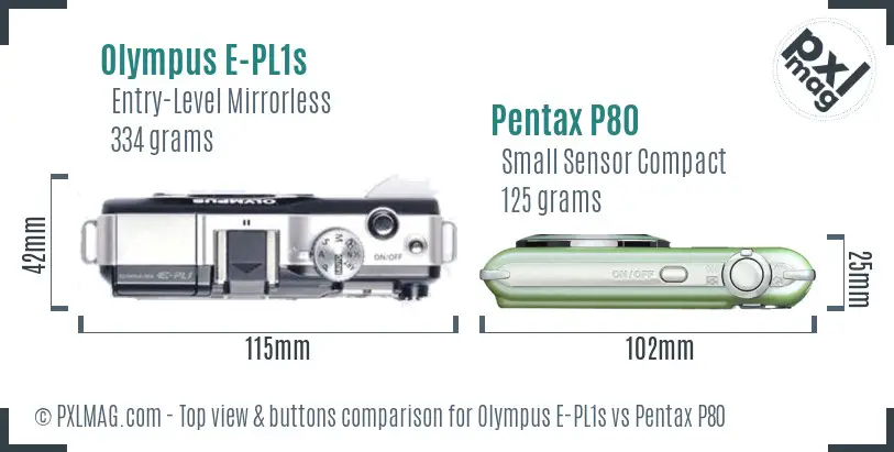 Olympus E-PL1s vs Pentax P80 top view buttons comparison
