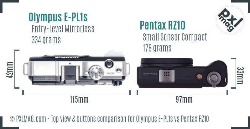 Olympus E-PL1s vs Pentax RZ10 top view buttons comparison