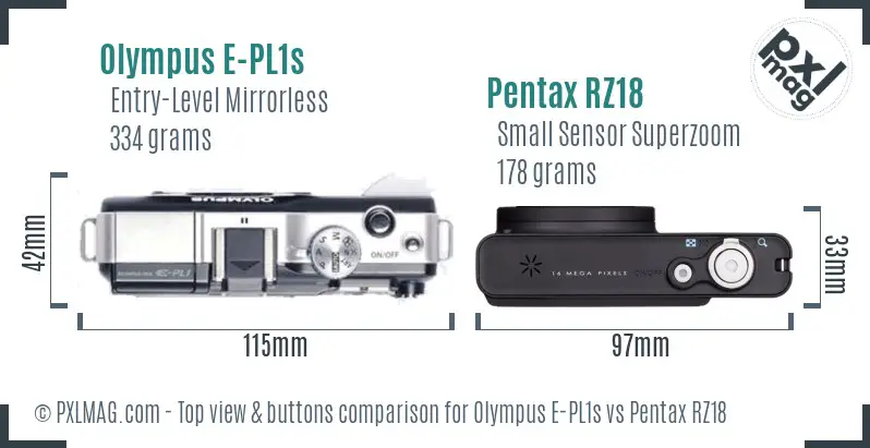 Olympus E-PL1s vs Pentax RZ18 top view buttons comparison