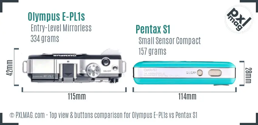 Olympus E-PL1s vs Pentax S1 top view buttons comparison