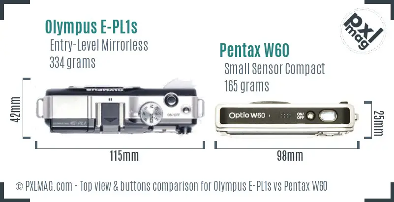 Olympus E-PL1s vs Pentax W60 top view buttons comparison