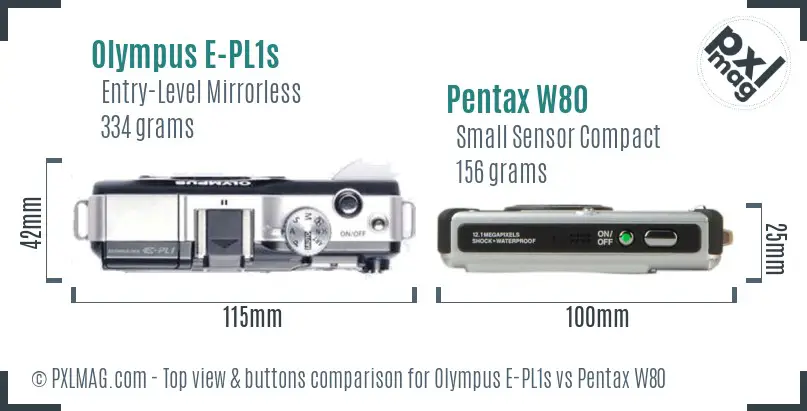 Olympus E-PL1s vs Pentax W80 top view buttons comparison