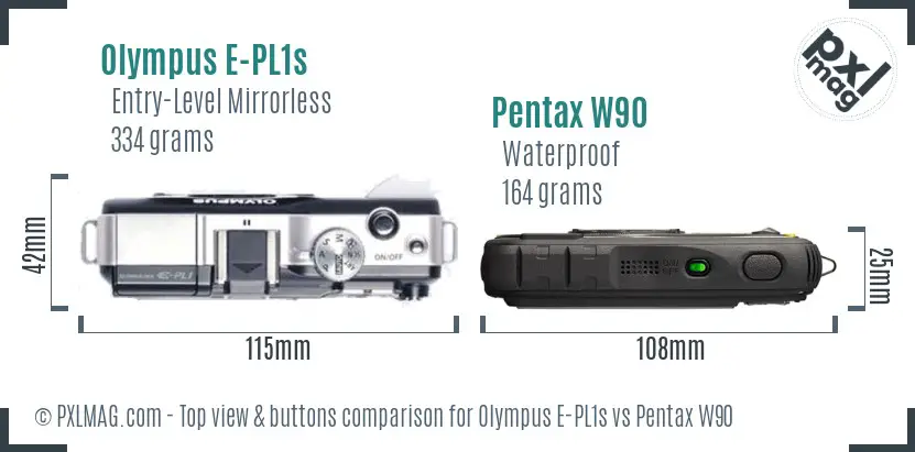 Olympus E-PL1s vs Pentax W90 top view buttons comparison
