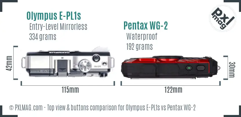 Olympus E-PL1s vs Pentax WG-2 top view buttons comparison