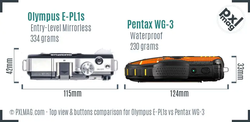 Olympus E-PL1s vs Pentax WG-3 top view buttons comparison Olympus E-PL1s vs Pentax WG-3 top view buttons comparison