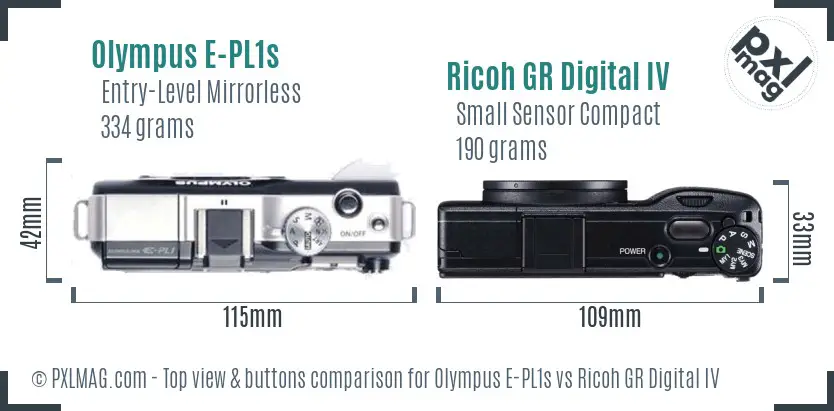 Olympus E-PL1s vs Ricoh GR Digital IV top view buttons comparison Olympus E-PL1s vs Ricoh GR Digital IV top view buttons comparison