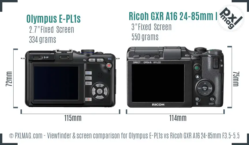 Olympus E-PL1s vs Ricoh GXR A16 24-85mm F3.5-5.5 Screen and Viewfinder comparison