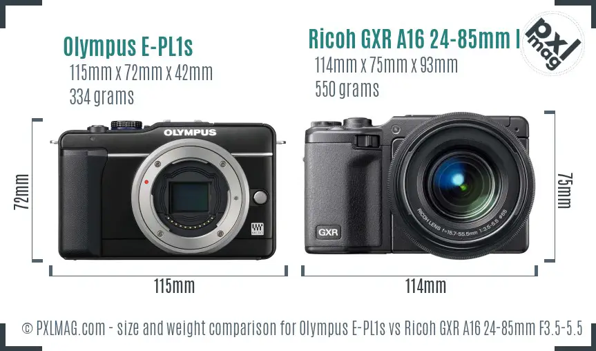 Olympus E-PL1s vs Ricoh GXR A16 24-85mm F3.5-5.5 size comparison