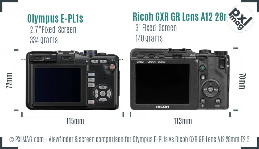 Olympus E-PL1s vs Ricoh GXR GR Lens A12 28mm F2.5 Screen and Viewfinder comparison