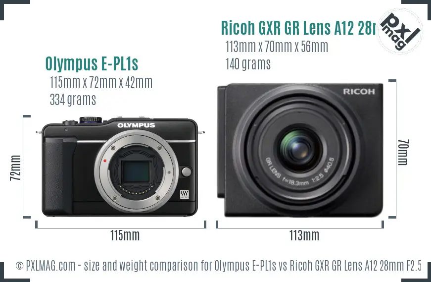 Olympus E-PL1s vs Ricoh GXR GR Lens A12 28mm F2.5 size comparison