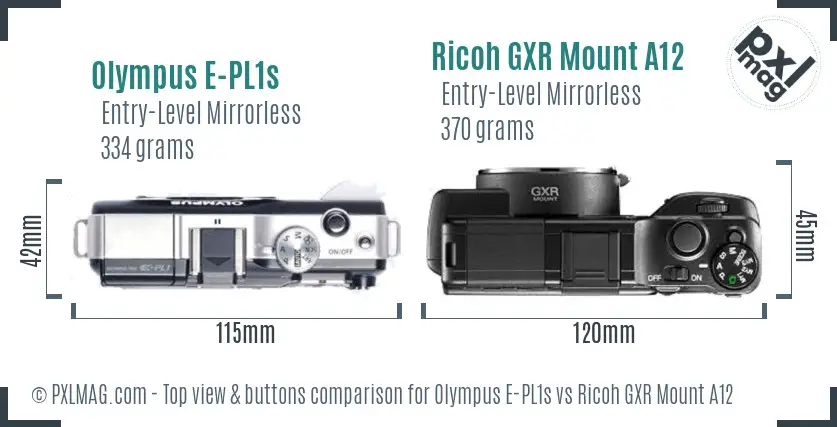 Olympus E-PL1s vs Ricoh GXR Mount A12 top view buttons comparison