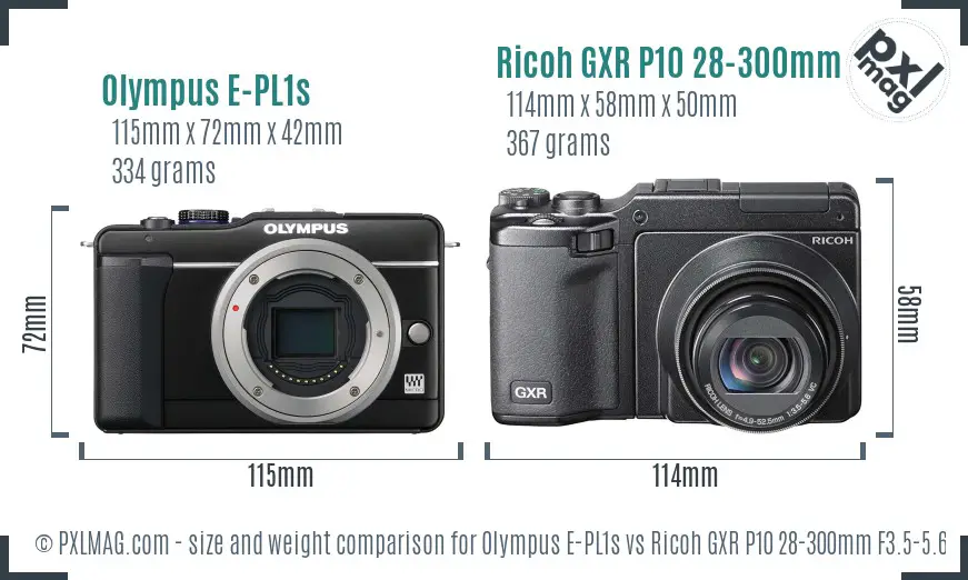 Olympus E-PL1s vs Ricoh GXR P10 28-300mm F3.5-5.6 VC size comparison