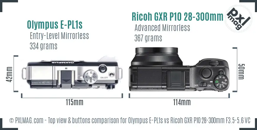 Olympus E-PL1s vs Ricoh GXR P10 28-300mm F3.5-5.6 VC top view buttons comparison