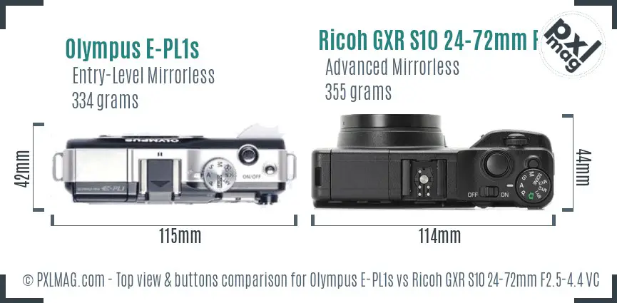 Olympus E-PL1s vs Ricoh GXR S10 24-72mm F2.5-4.4 VC top view buttons comparison