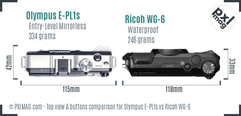 Olympus E-PL1s vs Ricoh WG-6 top view buttons comparison