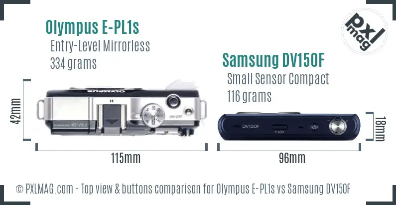 Olympus E-PL1s vs Samsung DV150F top view buttons comparison Olympus E-PL1s vs Samsung DV150F top view buttons comparison