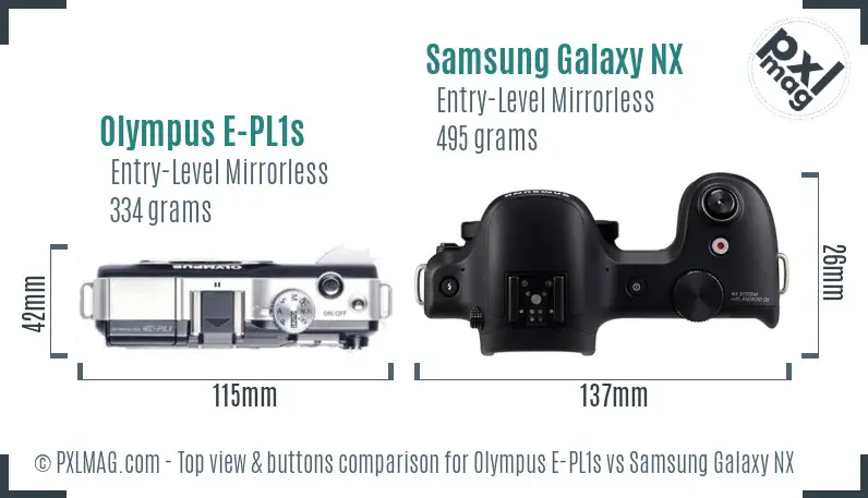 Olympus E-PL1s vs Samsung Galaxy NX top view buttons comparison