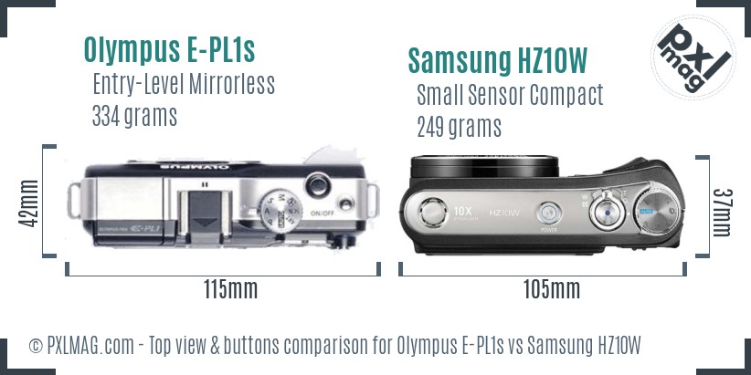 Olympus E-PL1s vs Samsung HZ10W top view buttons comparison