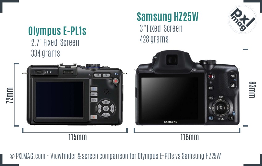 Olympus E-PL1s vs Samsung HZ25W Screen and Viewfinder comparison