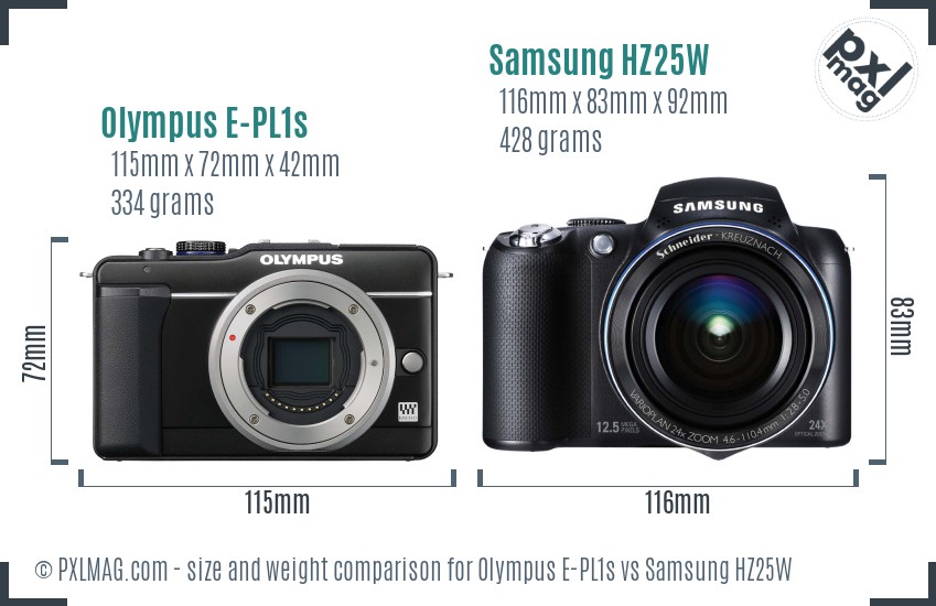 Olympus E-PL1s vs Samsung HZ25W size comparison Olympus E-PL1s vs Samsung HZ25W size comparison