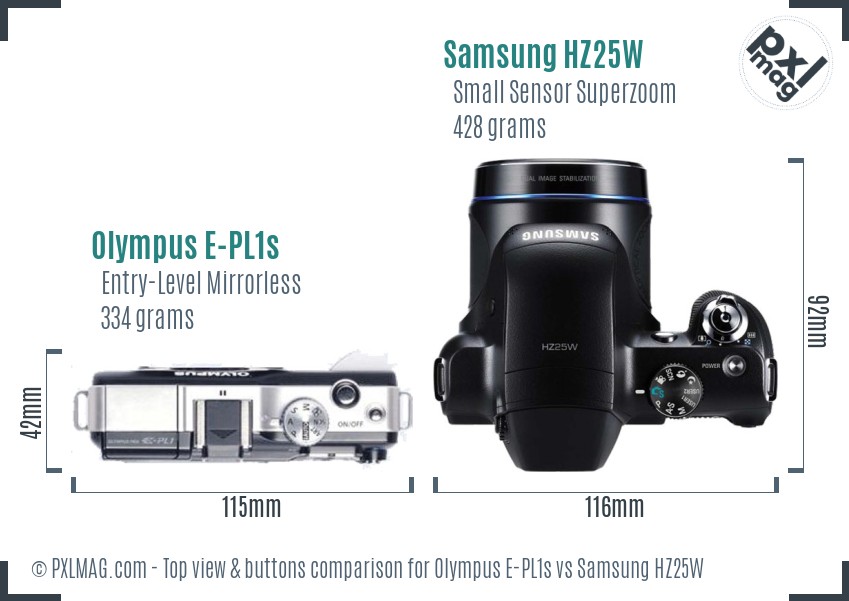 Olympus E-PL1s vs Samsung HZ25W top view buttons comparison