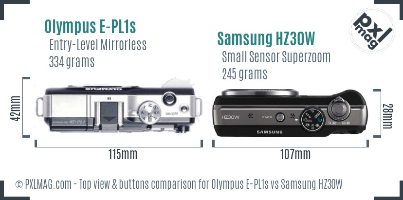 Olympus E-PL1s vs Samsung HZ30W top view buttons comparison