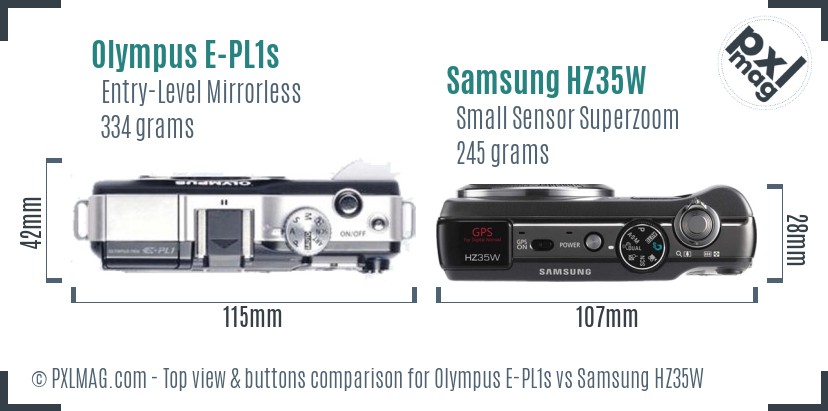 Olympus E-PL1s vs Samsung HZ35W top view buttons comparison