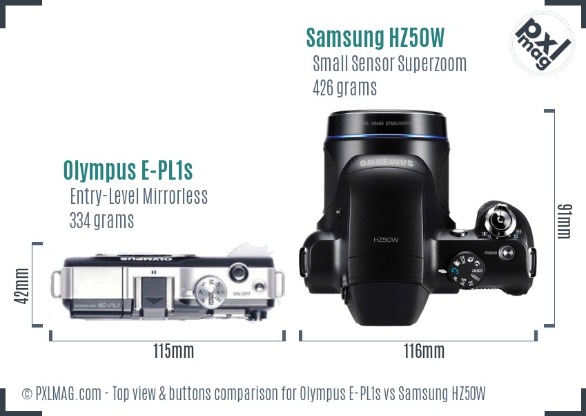 Olympus E-PL1s vs Samsung HZ50W top view buttons comparison