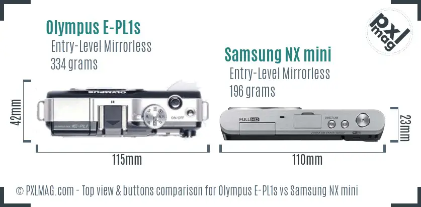 Olympus E-PL1s vs Samsung NX mini top view buttons comparison