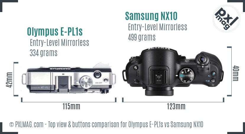 Olympus E-PL1s vs Samsung NX10 top view buttons comparison