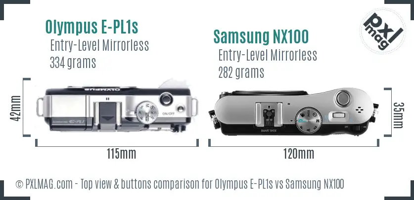 Olympus E-PL1s vs Samsung NX100 top view buttons comparison