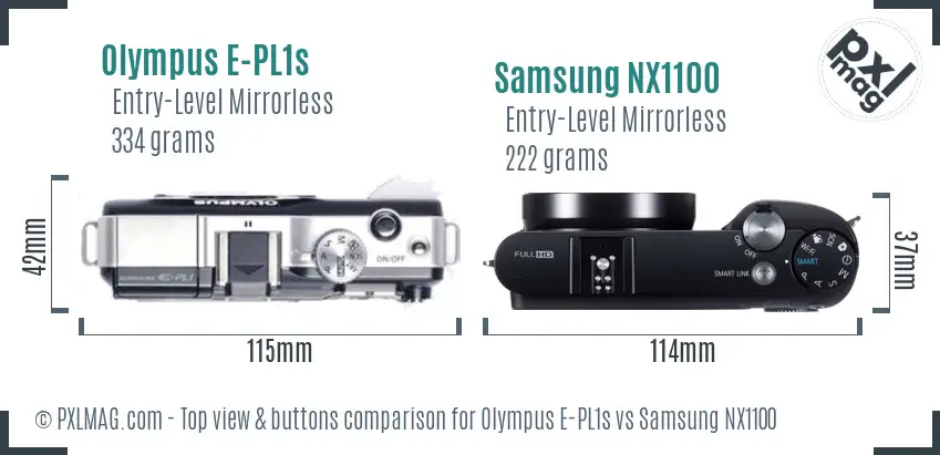 Olympus E-PL1s vs Samsung NX1100 top view buttons comparison Olympus E-PL1s vs Samsung NX1100 top view buttons comparison