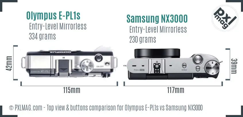 Olympus E-PL1s vs Samsung NX3000 top view buttons comparison