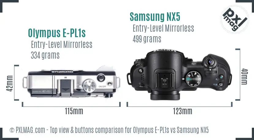 Olympus E-PL1s vs Samsung NX5 top view buttons comparison